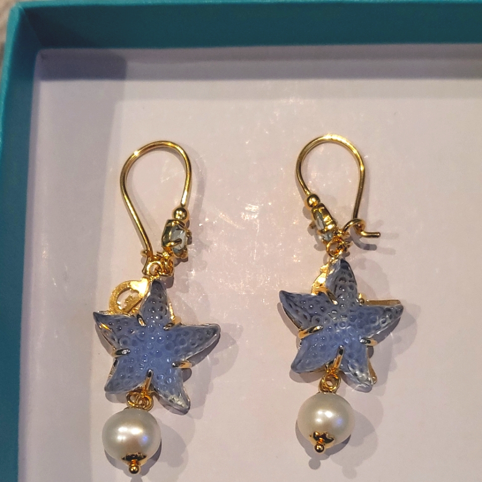 Tagliamonte Sea Life Blue Venetian Glass Starfish Pearl Earrings 18k Ygp 200$